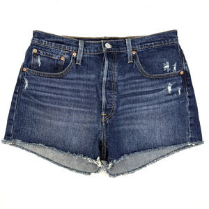 2022 Levi's 501 Dark Wash High Distressed Rise Raw Hem Denim Shorts 32x3"